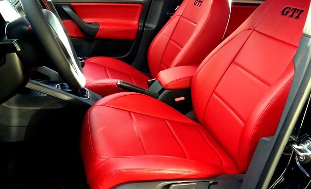 Volkswagen Golf GTI Seat Covers in Red Faux Leather with Black Stitching and GTI Logo