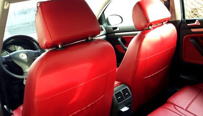 Volkswagen Golf GTI Seat Covers in Red Faux Leather with Black Stitching and GTI Logo