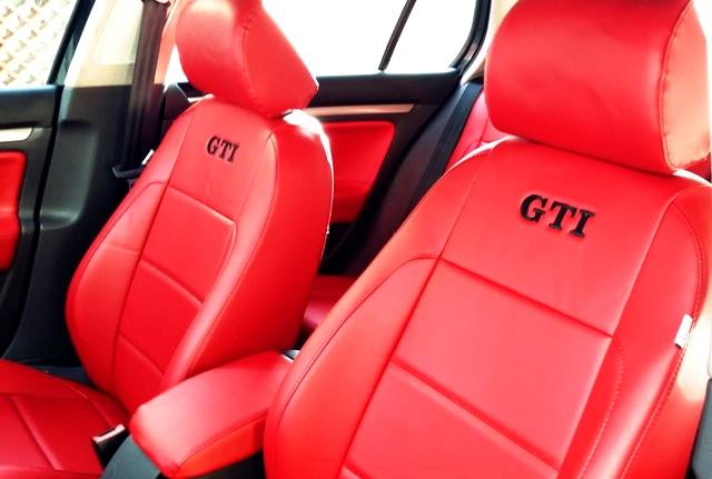 Volkswagen Golf GTI Seat Covers in Red Faux Leather with Black Stitching and GTI Logo