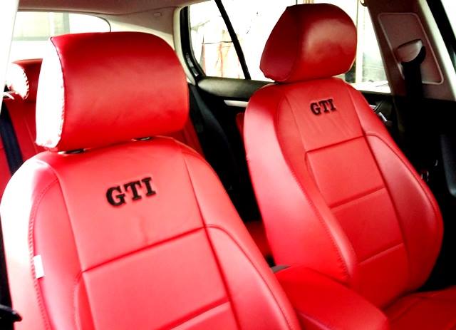 Volkswagen Golf GTI Seat Covers in Red Faux Leather with Black Stitching and GTI Logo