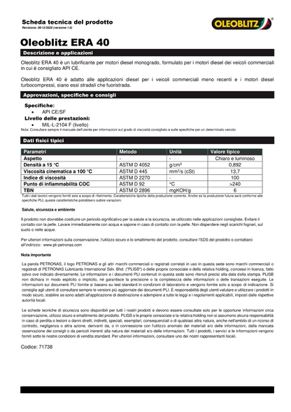 Olio Motore Minerale ERA 40 CE/SF Veicoli Industriali (Oleoblitz Petronas)