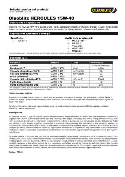 Olio Motore Veicoli Industriali HERCULES 15W-40 Minerale (Oleoblitz-Petronas)