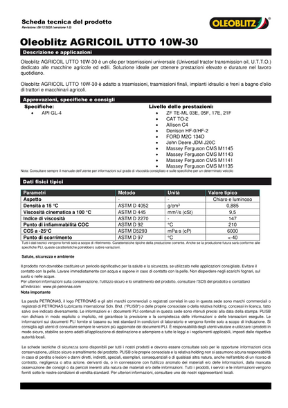 Olio per Trasmissioni Agricole AGRICOIL UTTO 10W-30 GL-4 (Oleoblitz/Petronas)