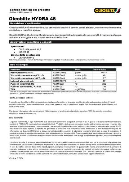 Olio Idraulico HYDRA 46 - Iso VG46 Oleoblitz/Petronas Lubricants