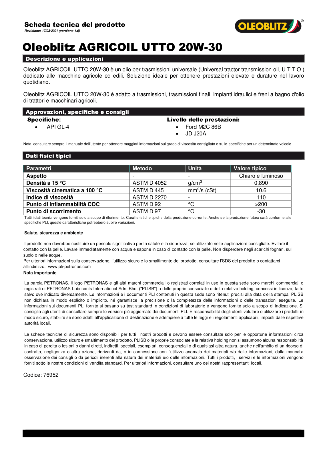 Olio per Trasmissioni Agricole AGRICOIL UTTO-20 20W-30 - Oleoblitz Petronas