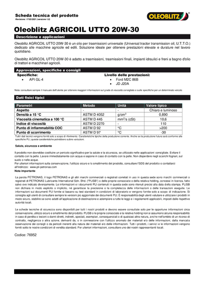 Agricultural Transmission Oil AGRICOIL UTTO-20 20W-30 - Oleoblitz Petronas 