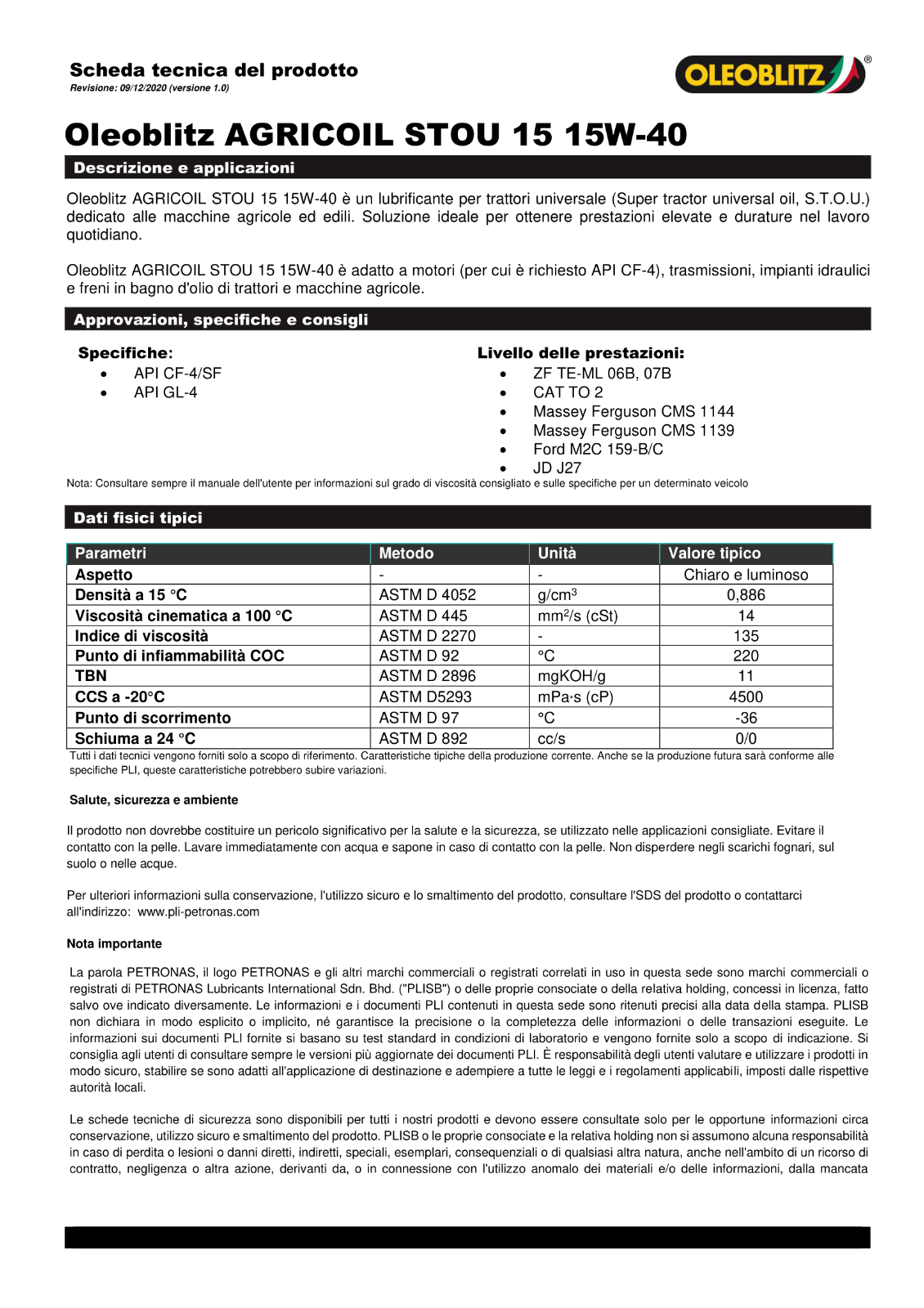 Olio Motore AGRICOIL STOU-15 15W-40 CEGL-4 Oleoblitz-Petronas Lubricants