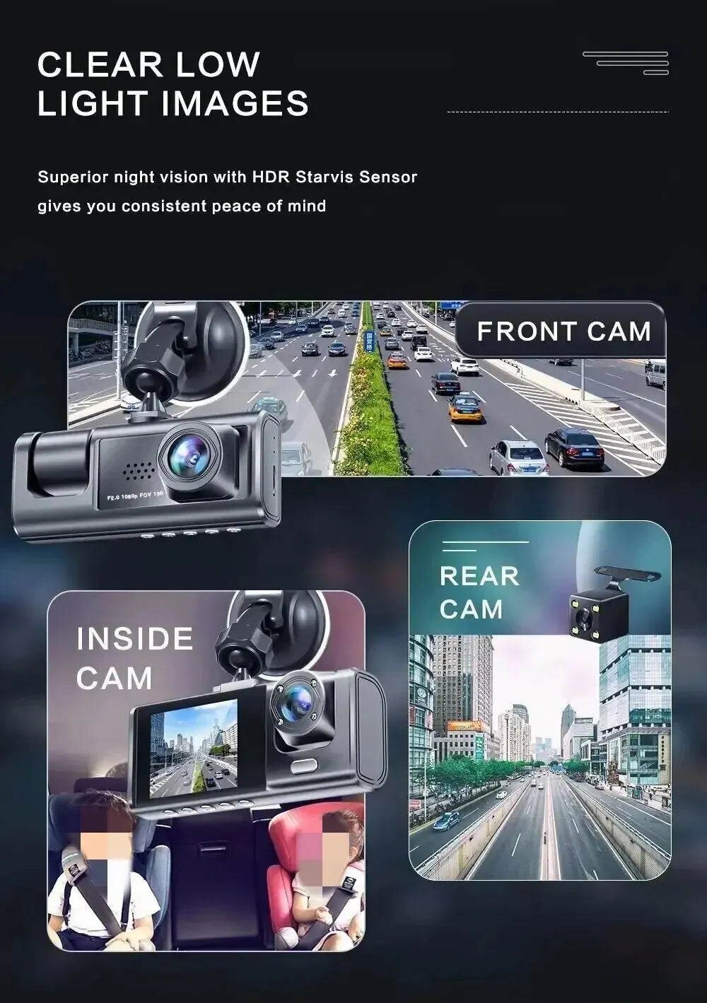 CZSKY 3 Channel DashCam HD 1080P Night Vision