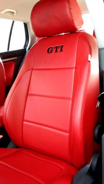 Volkswagen Golf GTI Seat Covers in Red Faux Leather with Black Stitching and GTI Logo