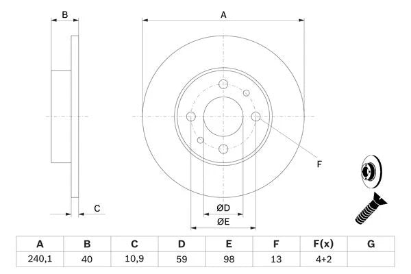 Disco Freno BOSCH 0 986 478 342 - Ø 240 1mm 4 Fori  Pieno detail 3