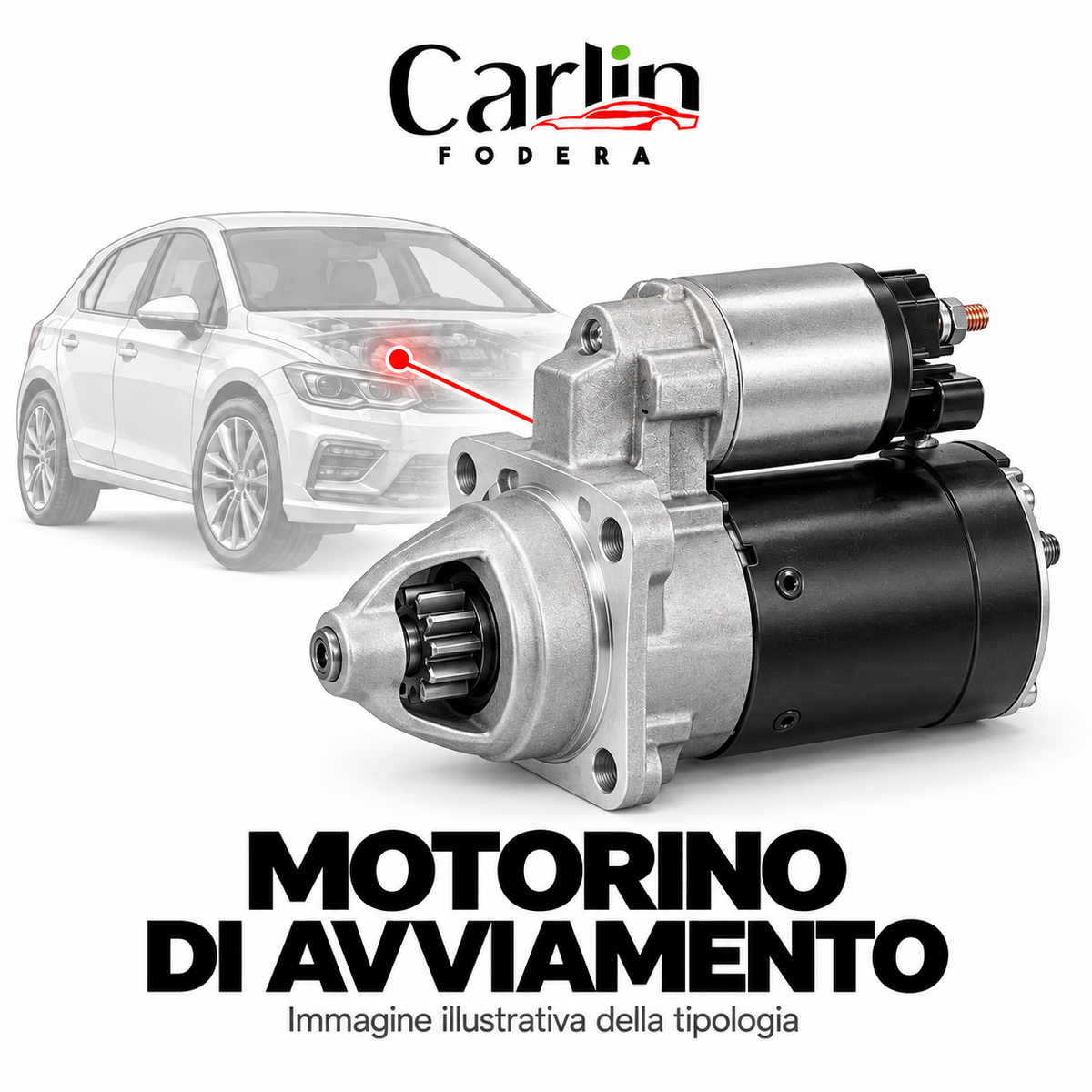 Motorino di avviamento — immagine illustrativa CarlinFodera, non fotografia del singolo ricambio