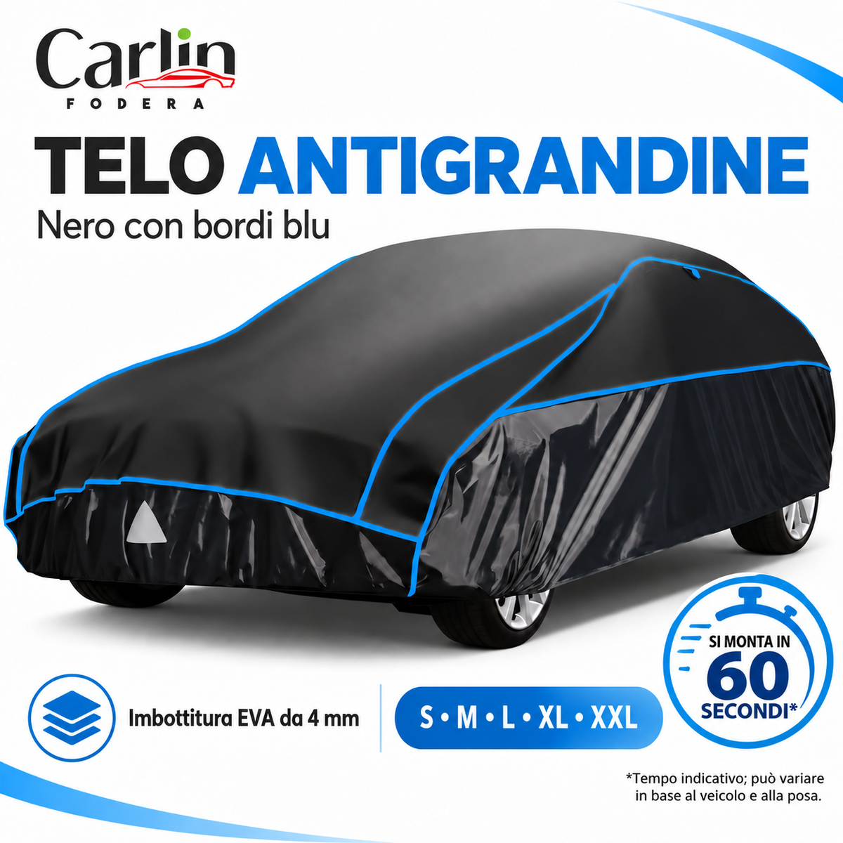 Telo antigrandine nero con bordi blu: montaggio indicativo in 60 secondi