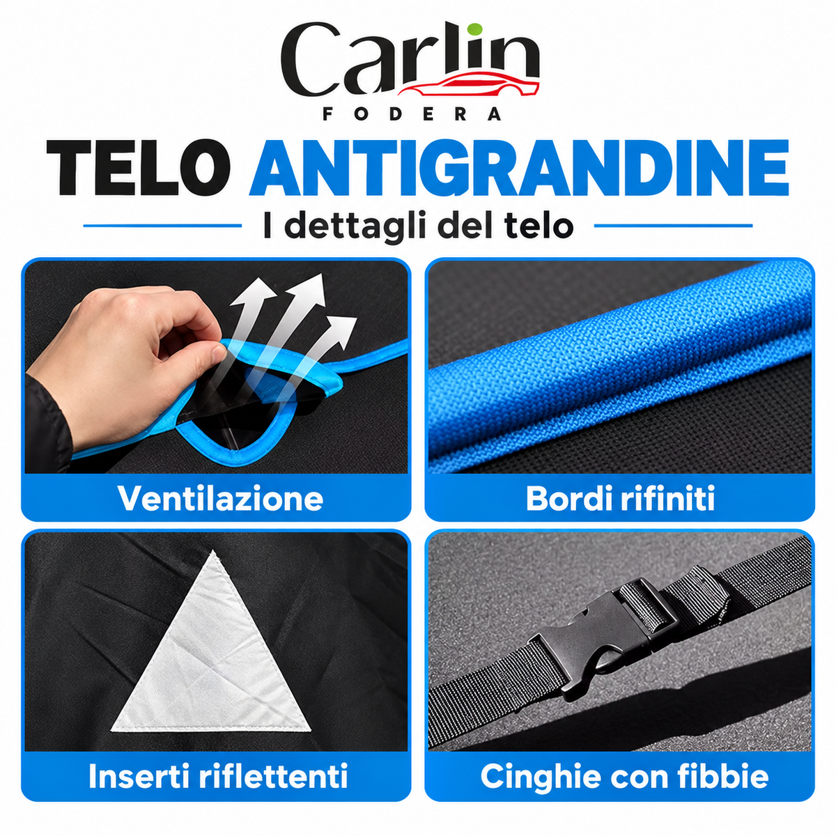 Dettagli del telo antigrandine: ventilazione, bordi, inserti riflettenti e cinghie