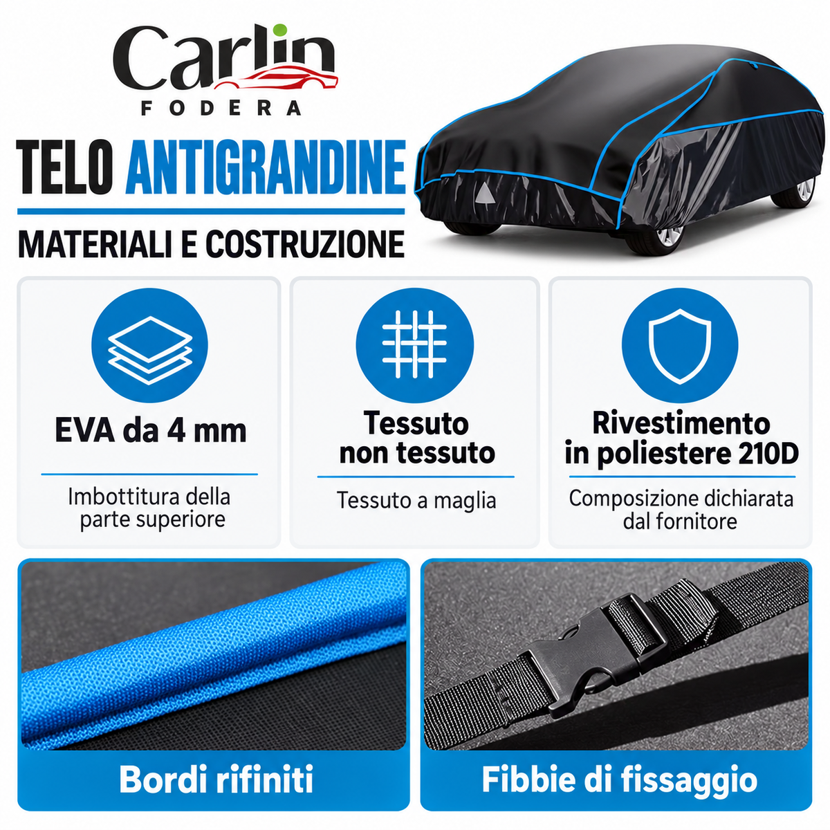 Materiali del telo antigrandine: EVA da 4 mm, tessuti e rivestimento 210D