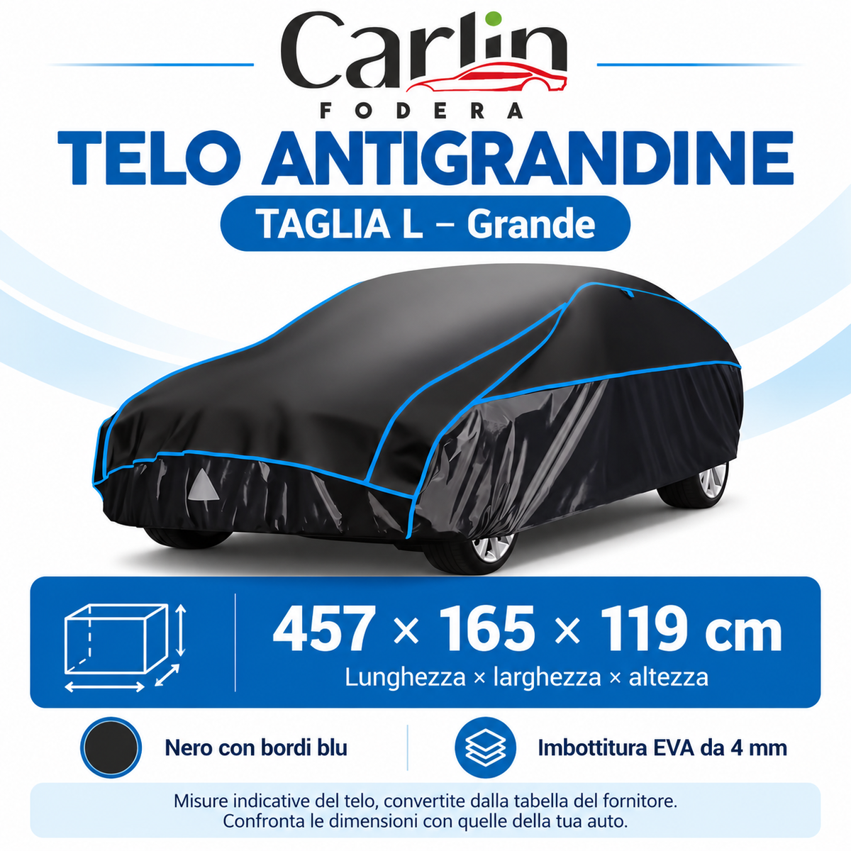 Telo antigrandine taglia L: 457 × 165 × 119 cm, nero con bordi blu