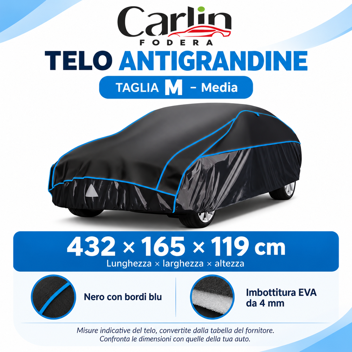 Telo antigrandine taglia M: 432 × 165 × 119 cm, nero con bordi blu