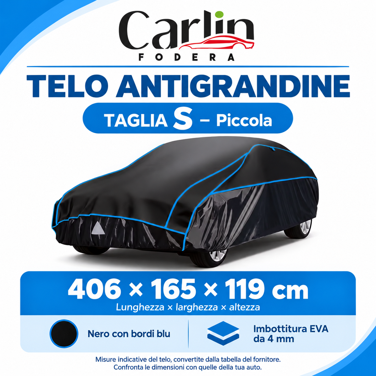 Telo antigrandine taglia S: 406 × 165 × 119 cm, nero con bordi blu