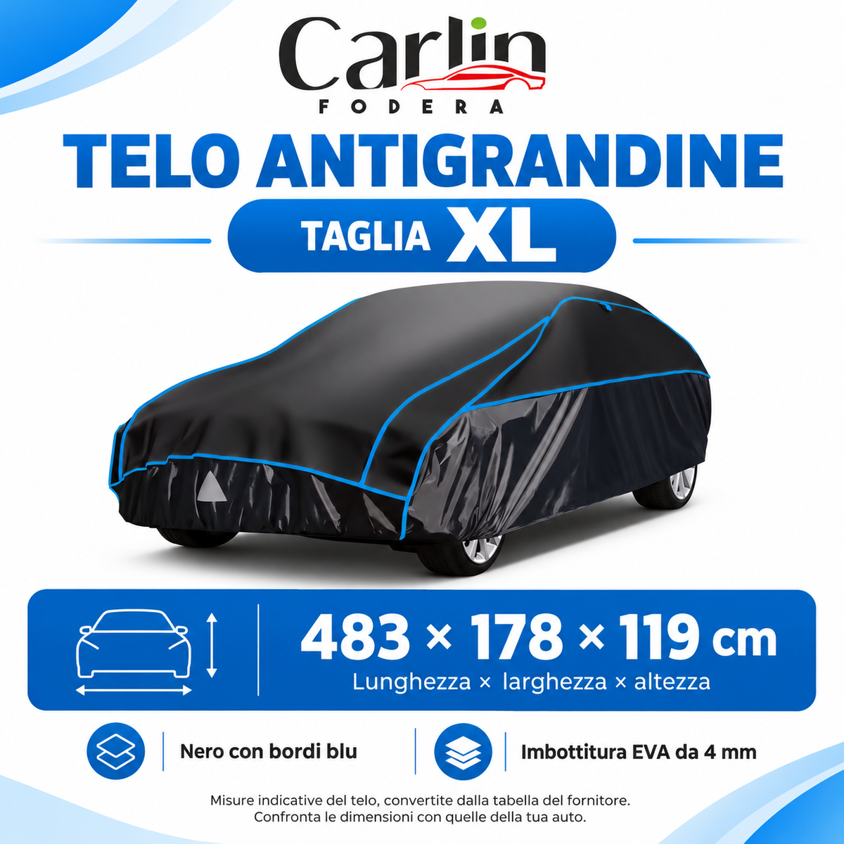 Telo antigrandine taglia XL: 483 × 178 × 119 cm, nero con bordi blu